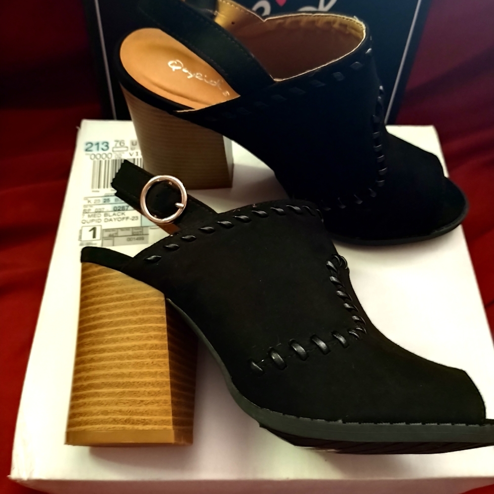 Black Faux Suede Stitch Open Toe Bootie